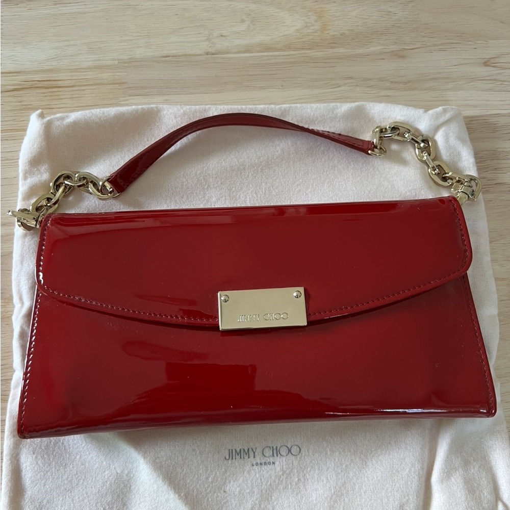 Jimmy Choo Patent Red Clutch with Gold Accents